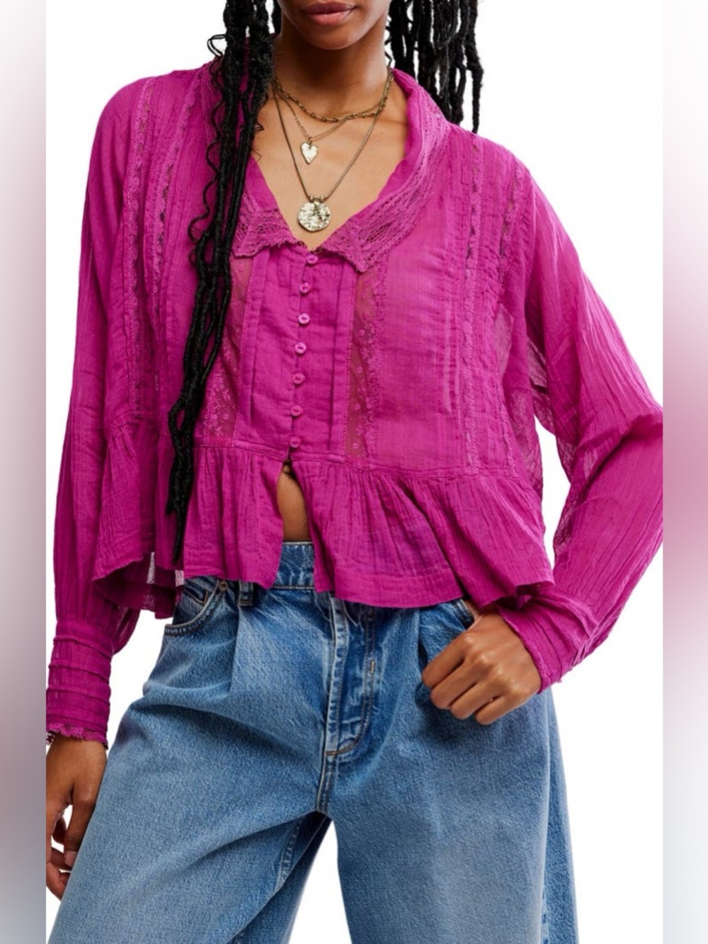 NWT Free People Elodie Lace Trim Ruffle Hem Shirt ~Dragonfruit~